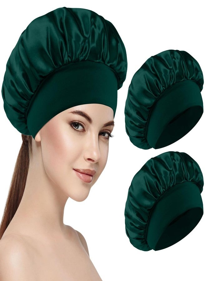 Merdia 2 PCS Satin Hair Bonnet for Women | Elastic and Reusable Shower Hair Caps | Satin Bonnet for Sleeping Women, Shower Caps | Double Layers Hair Cap | Environmental Protection | 11.8 Inches, Dark Green - Image 1